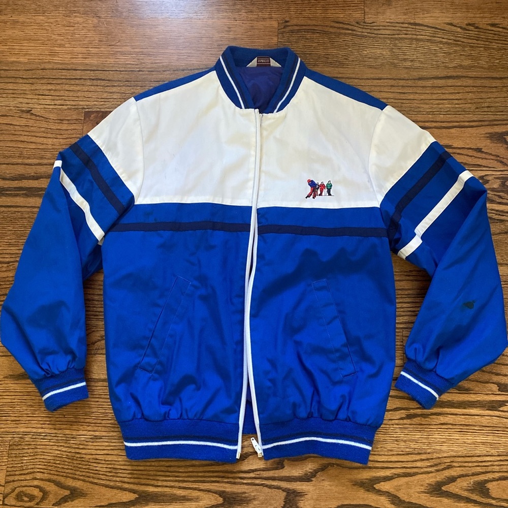 royal blue and white bomber jacket in size large!!

(flaws on slide 3)